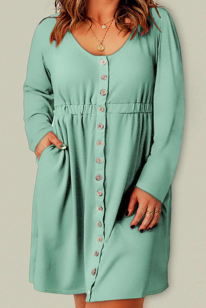 Ella Magic Plus Size Button Front Elastic Waist Long Sleeve Dress-Trendsi-Green-1X-[option4]-[option5]-[option6]-[option7]-[option8]-Shop-Boutique-Clothing-for-Women-Online