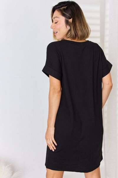 Zenana Rolled Short Sleeve V-Neck Dress-Trendsi-[option4]-[option5]-[option6]-[option7]-[option8]-Shop-Boutique-Clothing-for-Women-Online