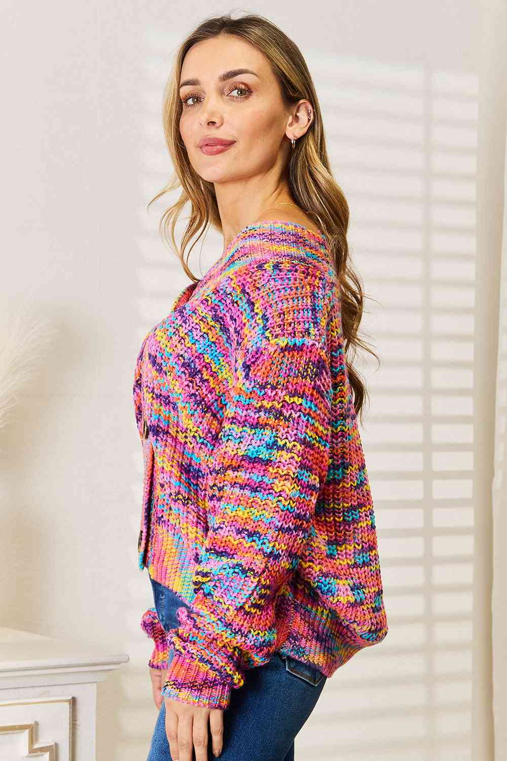 Woven Right V-Neck Rainbow Cardigan-Trendsi-[option4]-[option5]-[option6]-[option7]-[option8]-Shop-Boutique-Clothing-for-Women-Online