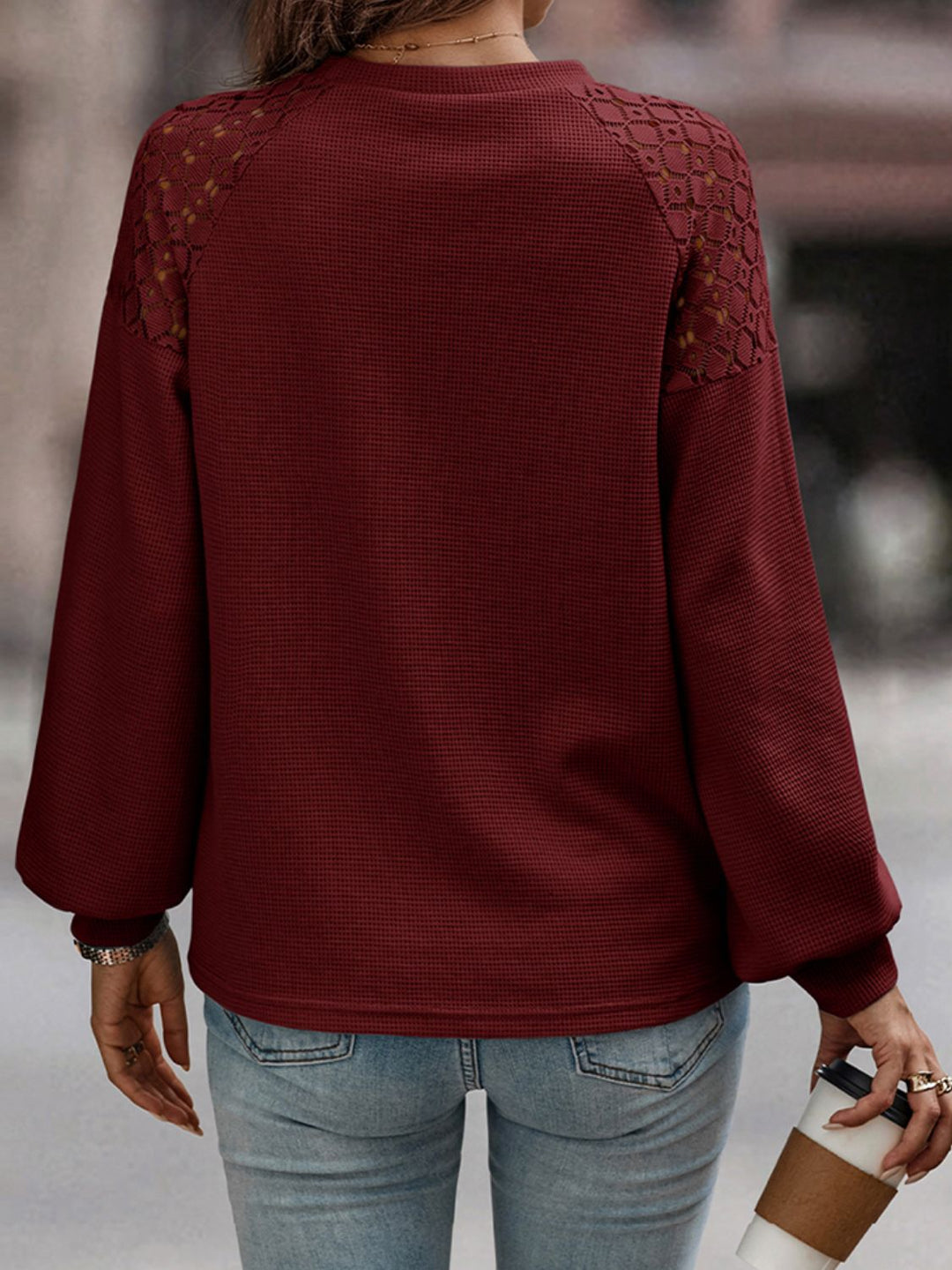 Lantern Sleeve Lace Trim Round Neck Blouse-Trendsi-[option4]-[option5]-[option6]-[option7]-[option8]-Shop-Boutique-Clothing-for-Women-Online