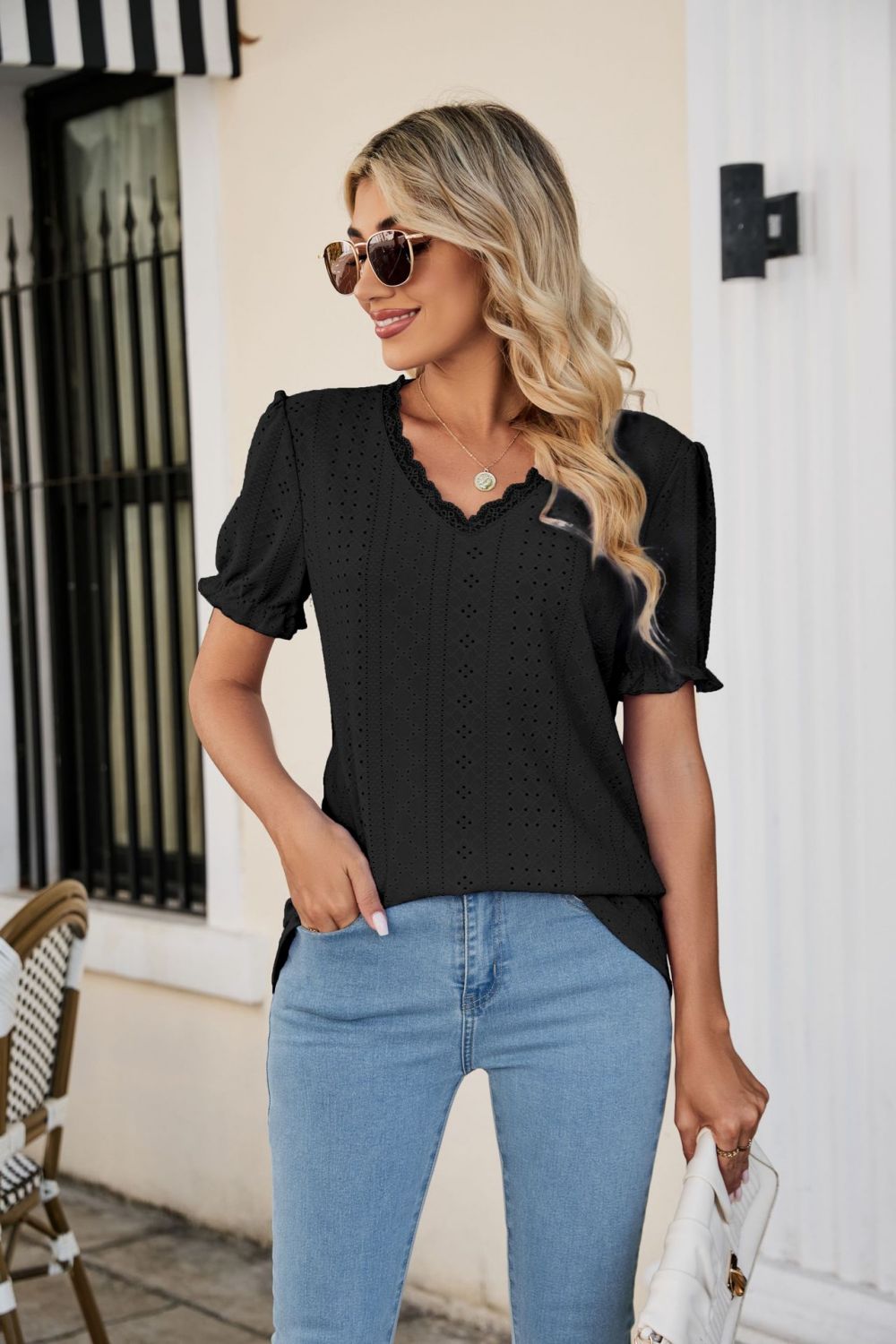 Eyelet Flounce Sleeve Scalloped V-Neck Top-Trendsi-[option4]-[option5]-[option6]-[option7]-[option8]-Shop-Boutique-Clothing-for-Women-Online