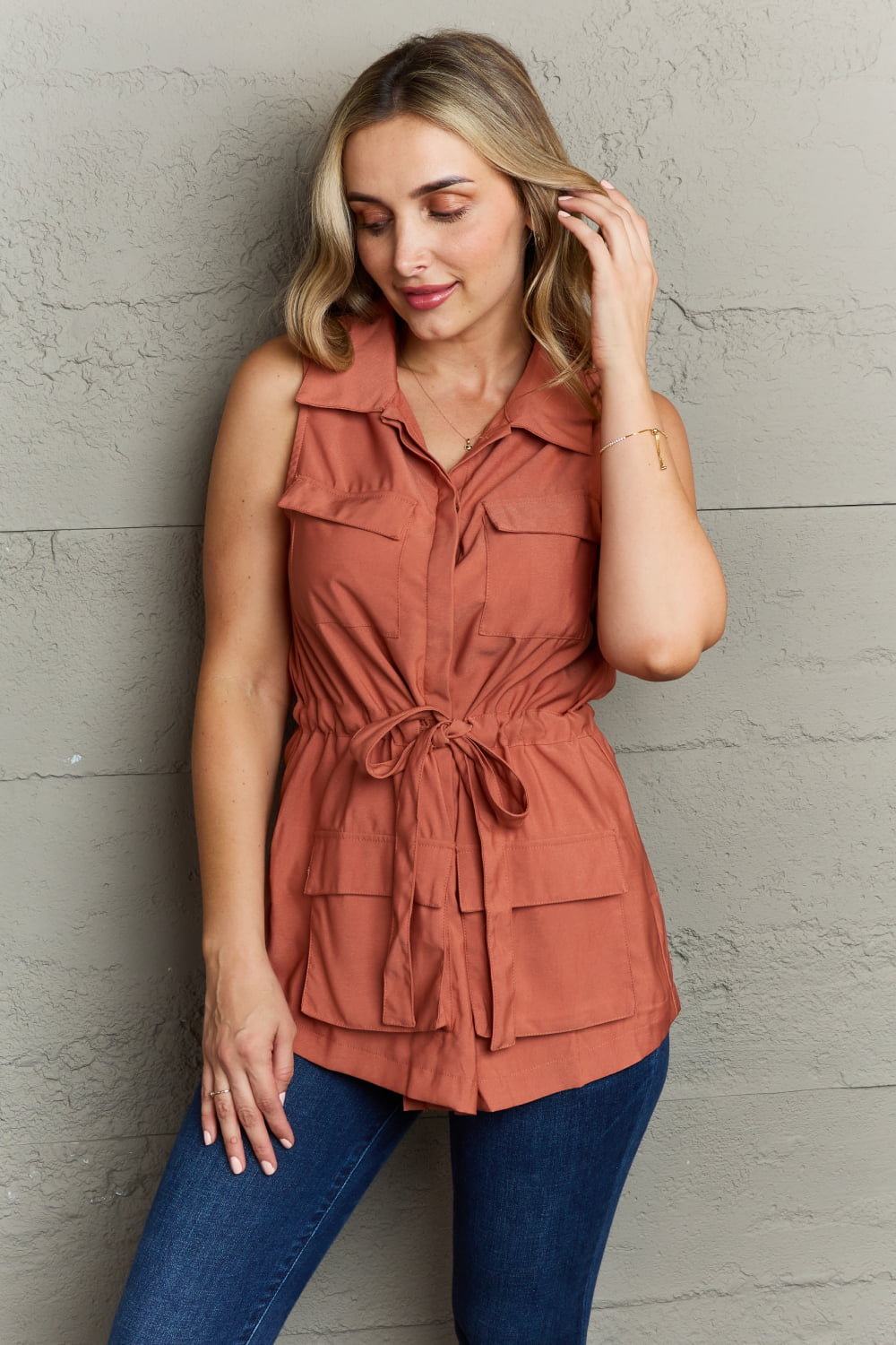 Ninexis Follow The Light Sleeveless Collared Button Down Top-Trendsi-Brick Red-S-[option4]-[option5]-[option6]-[option7]-[option8]-Shop-Boutique-Clothing-for-Women-Online
