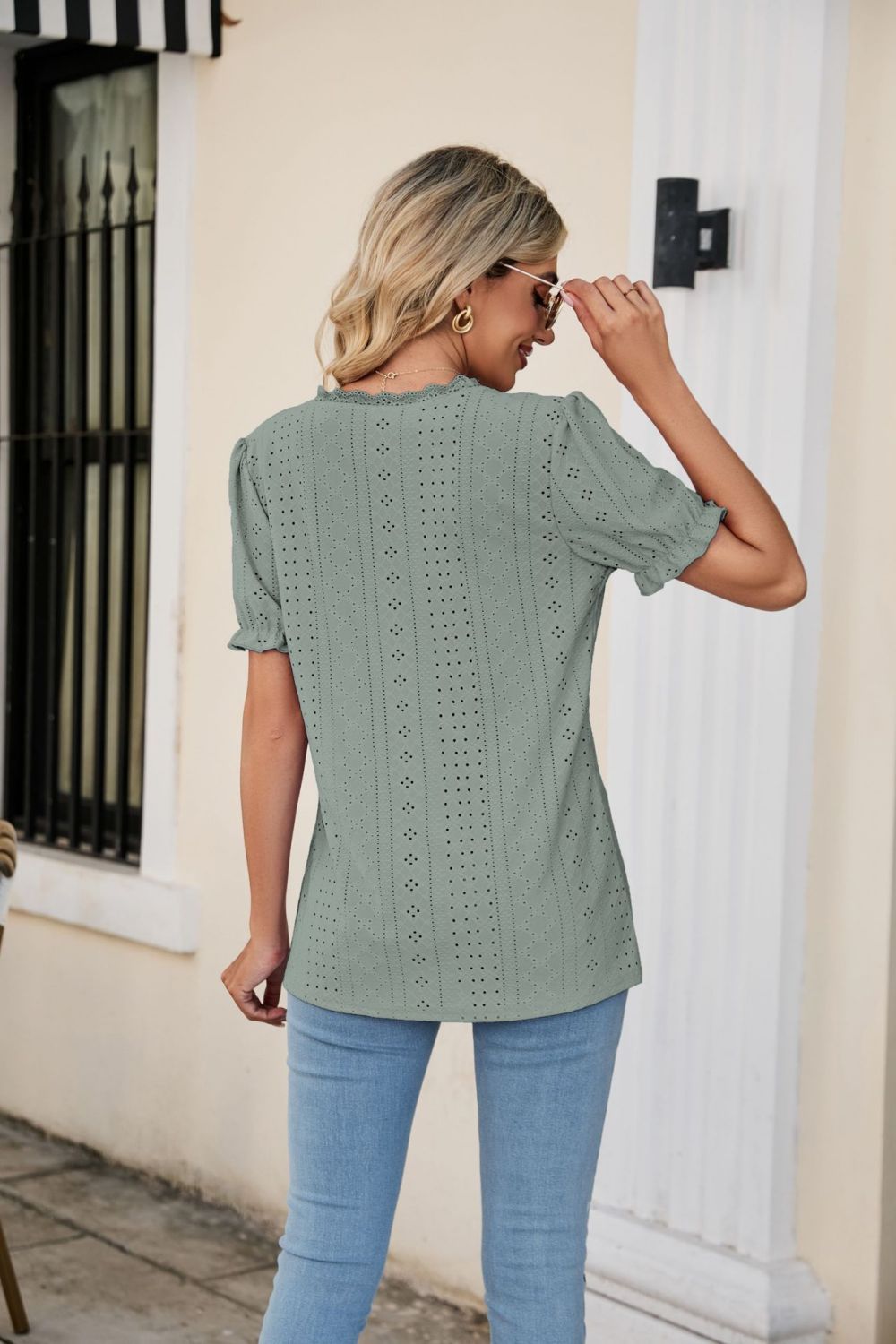 Eyelet Flounce Sleeve Scalloped V-Neck Top-Trendsi-[option4]-[option5]-[option6]-[option7]-[option8]-Shop-Boutique-Clothing-for-Women-Online