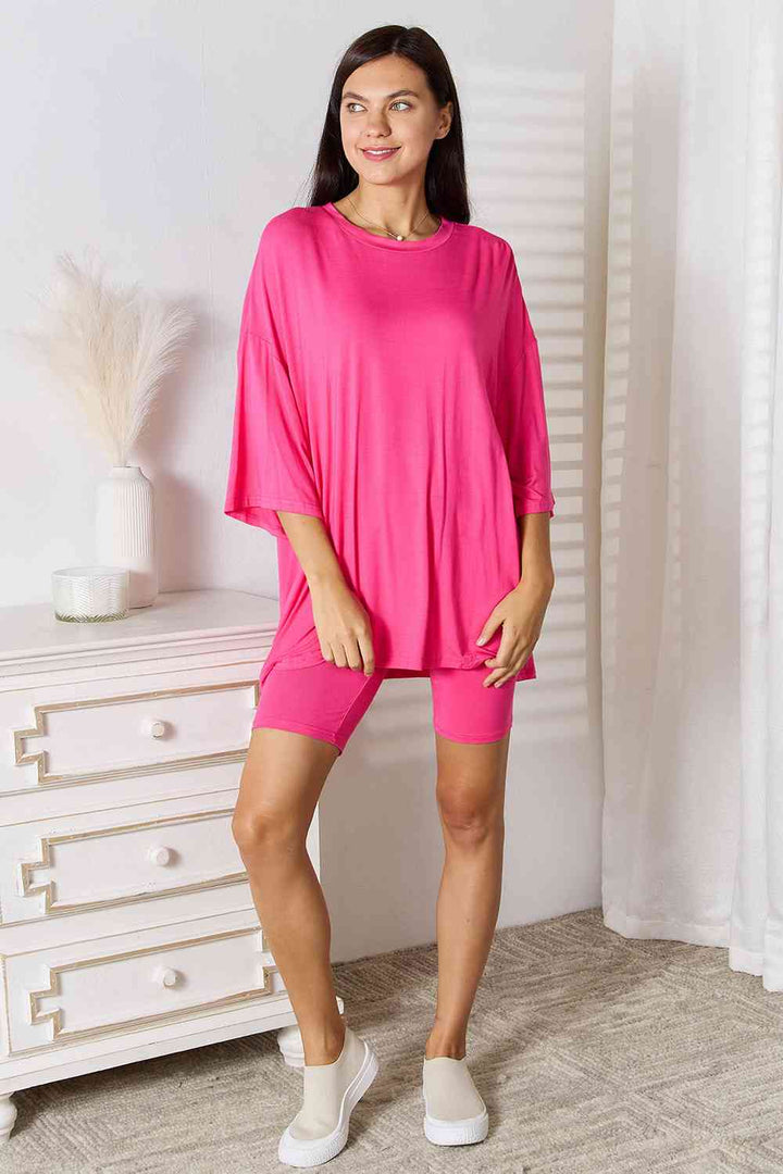 Basic Bae Soft Rayon Three-Quarter Sleeve Top and Shorts Set-Trendsi-Hot Pink-S-[option4]-[option5]-[option6]-[option7]-[option8]-Shop-Boutique-Clothing-for-Women-Online