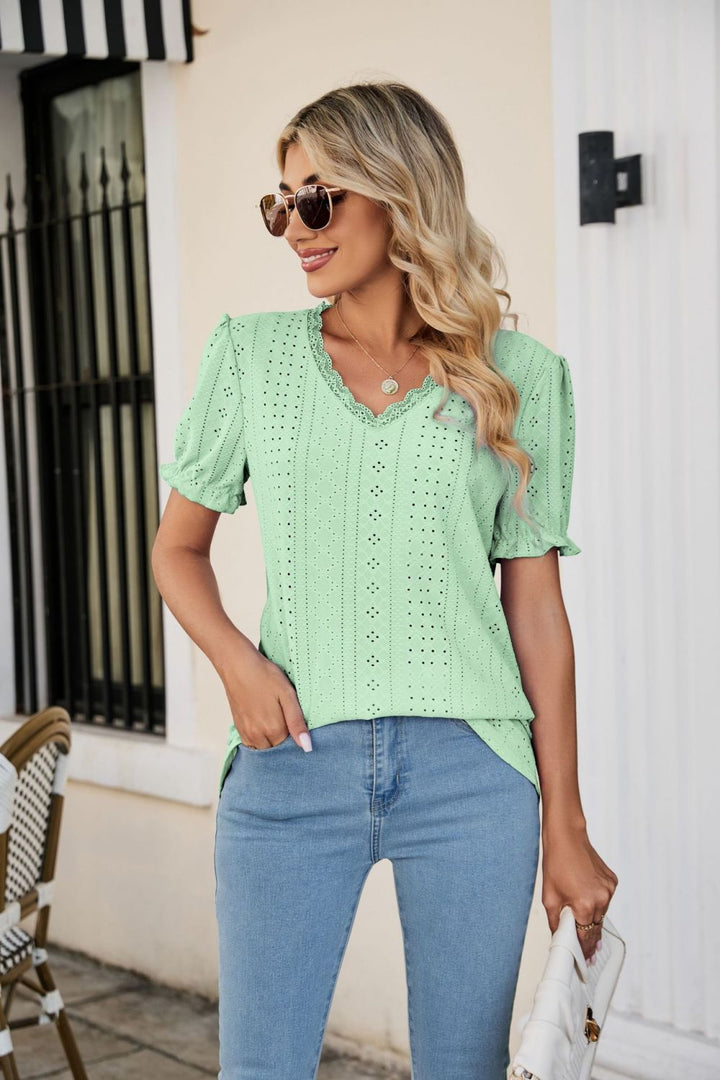 Eyelet Flounce Sleeve Scalloped V-Neck Top-Trendsi-[option4]-[option5]-[option6]-[option7]-[option8]-Shop-Boutique-Clothing-for-Women-Online