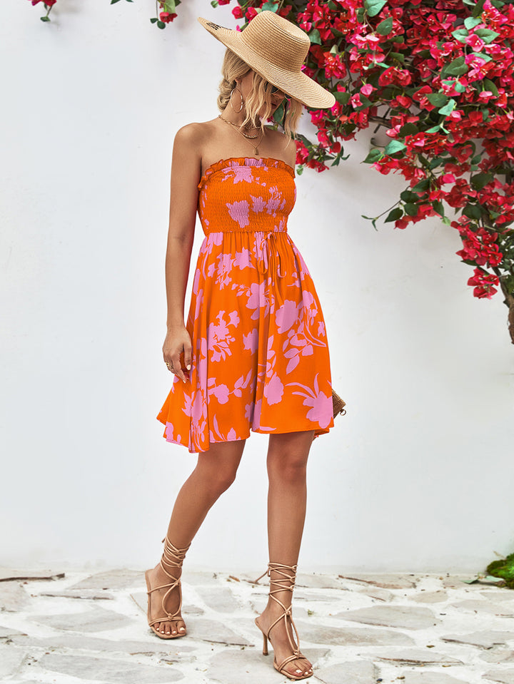 Floral Frill Trim Strapless Smocked Dress-Trendsi-[option4]-[option5]-[option6]-[option7]-[option8]-Shop-Boutique-Clothing-for-Women-Online