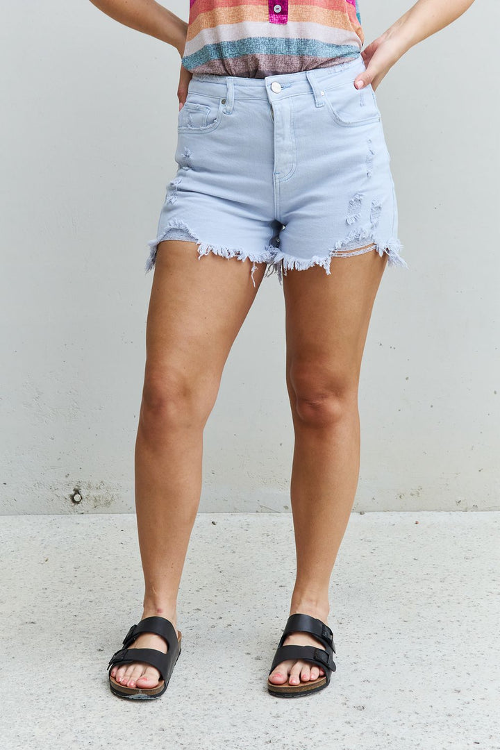 RISEN Katie High Waisted Distressed Shorts in Ice Blue-Trendsi-[option4]-[option5]-[option6]-[option7]-[option8]-Shop-Boutique-Clothing-for-Women-Online