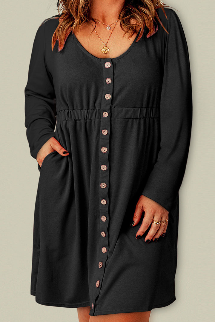 Ella Magic Plus Size Button Front Elastic Waist Long Sleeve Dress-Trendsi-Black-1X-[option4]-[option5]-[option6]-[option7]-[option8]-Shop-Boutique-Clothing-for-Women-Online