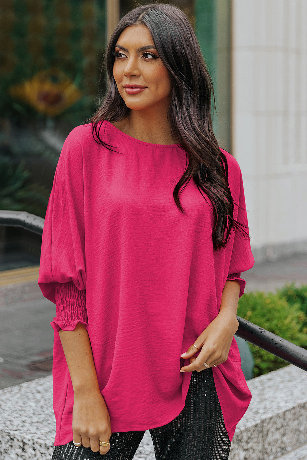 Round Neck Dolman Sleeve Textured Blouse-Trendsi-Hot Pink-S-[option4]-[option5]-[option6]-[option7]-[option8]-Shop-Boutique-Clothing-for-Women-Online