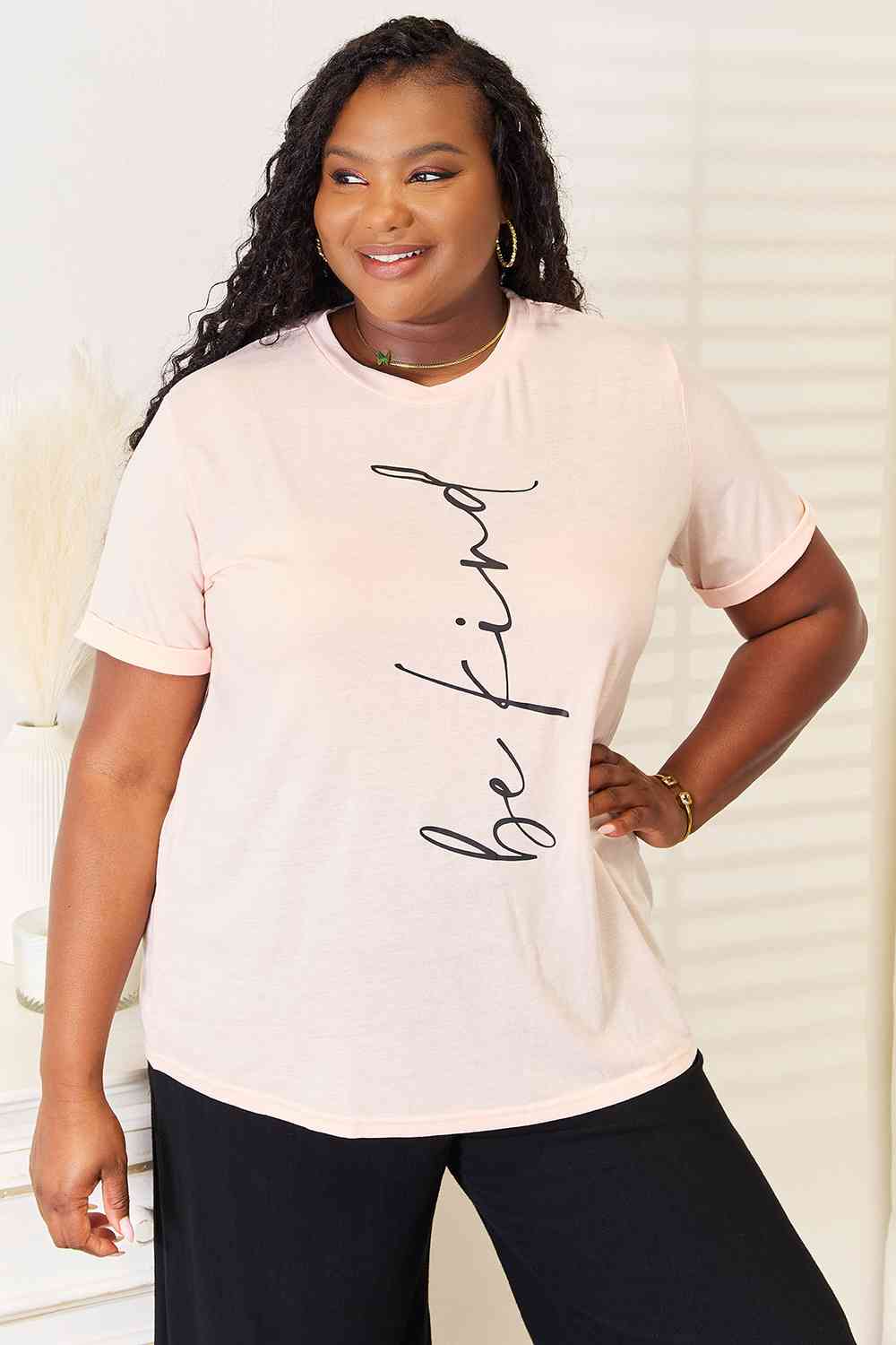 Simply Love BE KIND Graphic Round Neck T-Shirt-Trendsi-Peach-S-[option4]-[option5]-[option6]-[option7]-[option8]-Shop-Boutique-Clothing-for-Women-Online