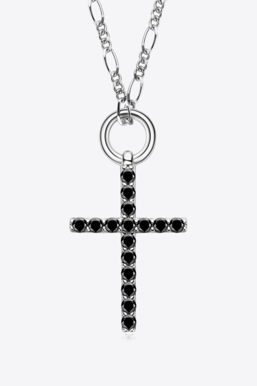 Moissanite Cross Pendant Platinum-Plated Necklace-Trendsi-Black-One Size-[option4]-[option5]-[option6]-[option7]-[option8]-Shop-Boutique-Clothing-for-Women-Online