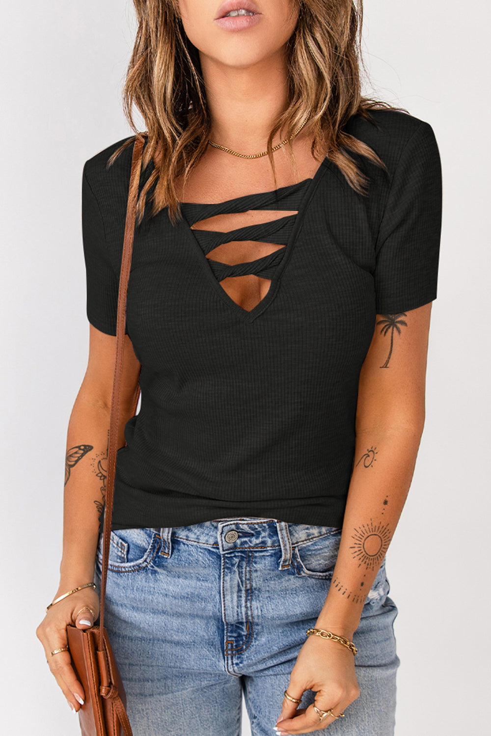 Strappy Ribbed Knit T-Shirt-Trendsi-Black-S-[option4]-[option5]-[option6]-[option7]-[option8]-Shop-Boutique-Clothing-for-Women-Online