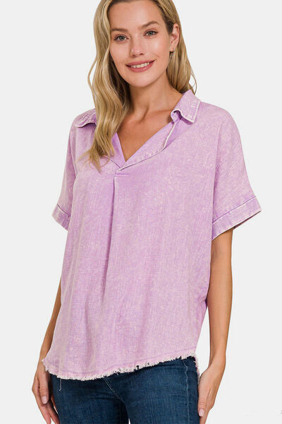 Zenana Washed Linen Raw Hem V-Neck Shirt-Trendsi-BLAVENDER-S-[option4]-[option5]-[option6]-[option7]-[option8]-Shop-Boutique-Clothing-for-Women-Online