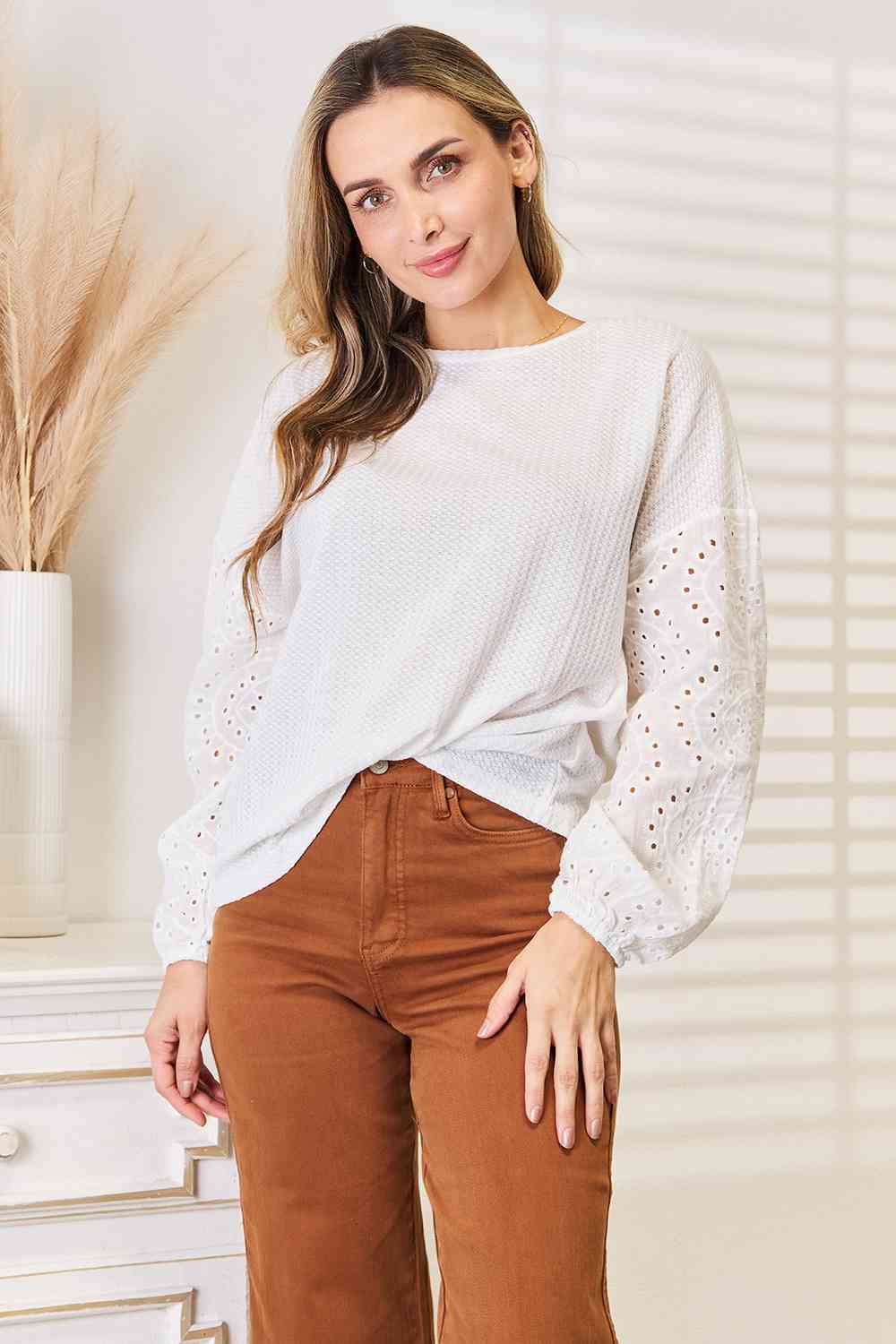 Double Take Eyelet Dropped Shoulder Round Neck Blouse-Trendsi-[option4]-[option5]-[option6]-[option7]-[option8]-Shop-Boutique-Clothing-for-Women-Online