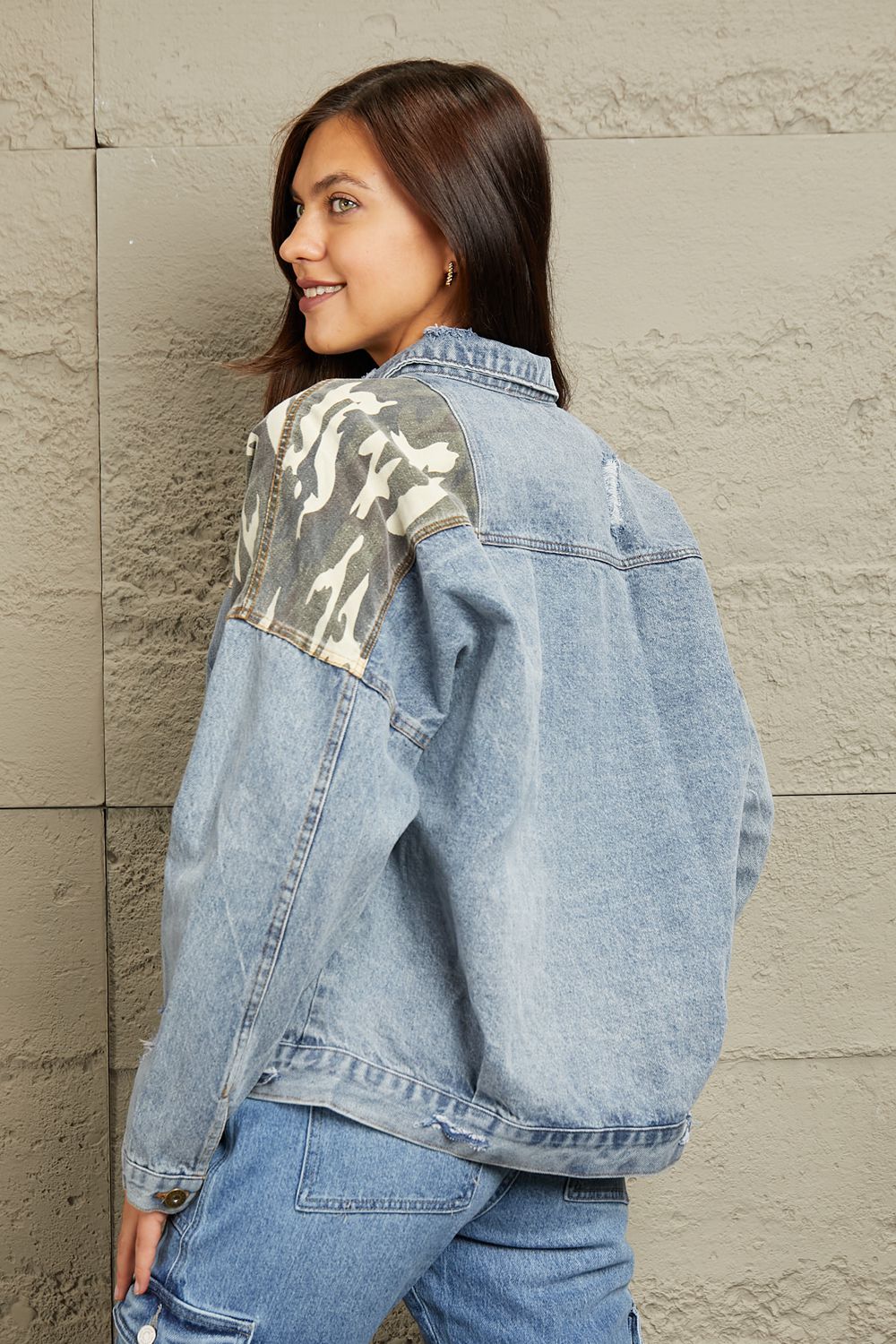 GeeGee Washed Denim Camo Contrast Jacket-Trendsi-[option4]-[option5]-[option6]-[option7]-[option8]-Shop-Boutique-Clothing-for-Women-Online