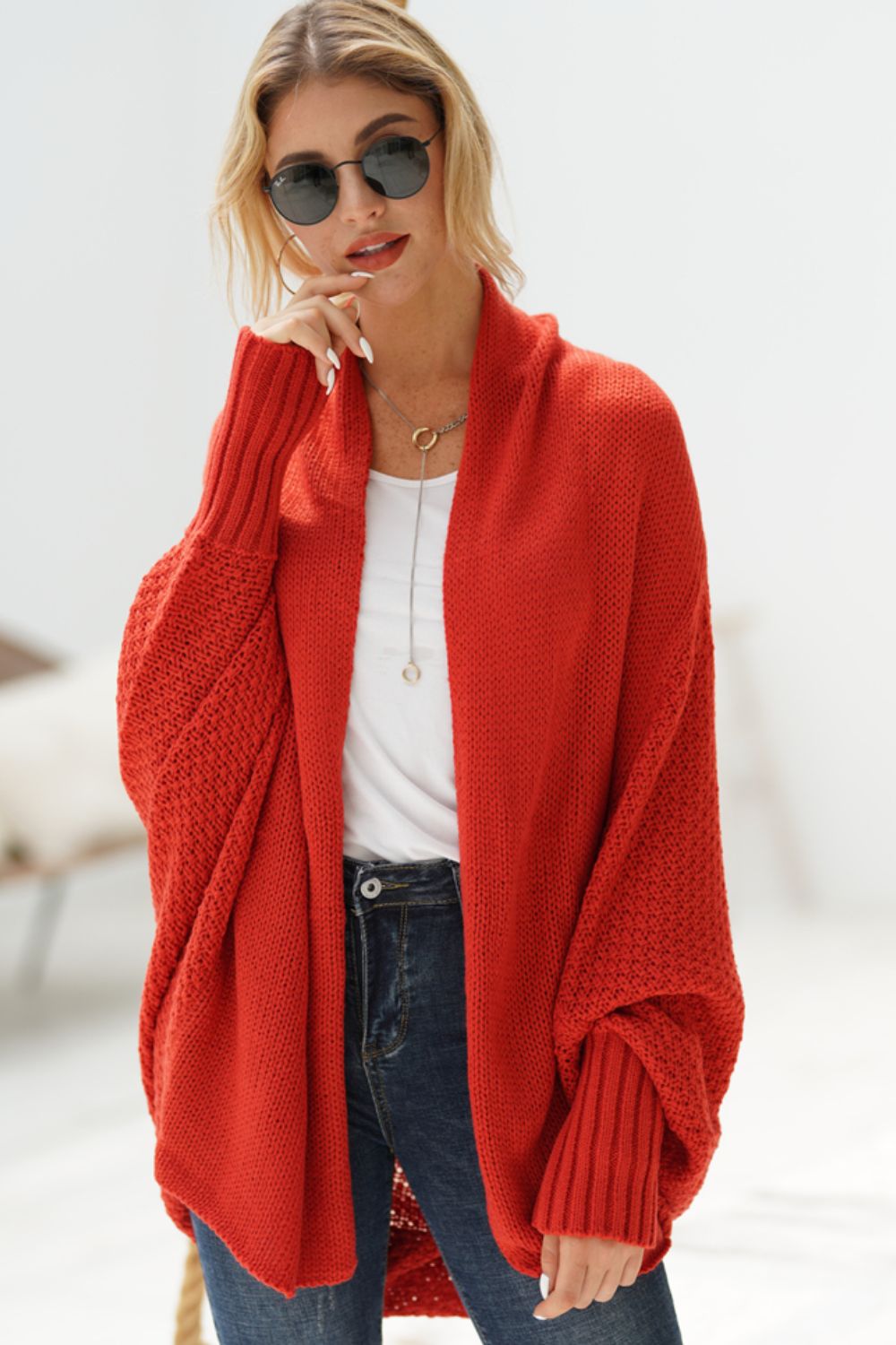Double Take Dolman Sleeve Open Front Ribbed Trim Longline Cardigan-Trendsi-Red-One Size-[option4]-[option5]-[option6]-[option7]-[option8]-Shop-Boutique-Clothing-for-Women-Online