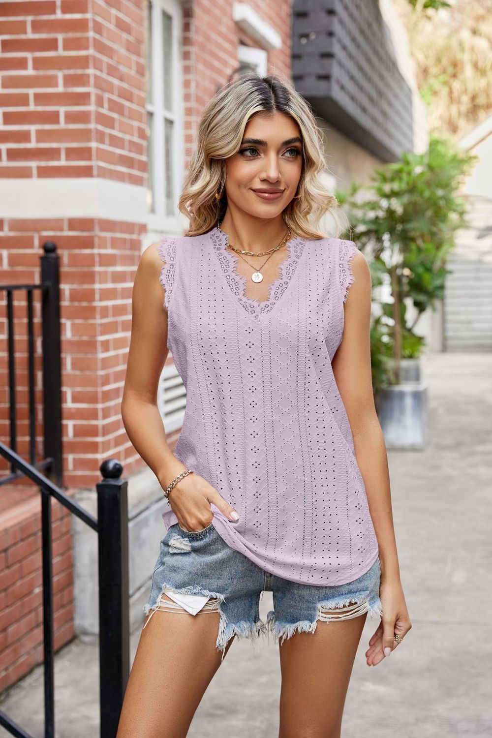 Eyelet Lace Trim Eyelash V-Neck Tank-Trendsi-[option4]-[option5]-[option6]-[option7]-[option8]-Shop-Boutique-Clothing-for-Women-Online