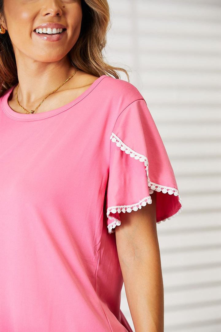 Double Take Pom-Pom Trim Flutter Sleeve Round Neck T-Shirt-Trendsi-[option4]-[option5]-[option6]-[option7]-[option8]-Shop-Boutique-Clothing-for-Women-Online