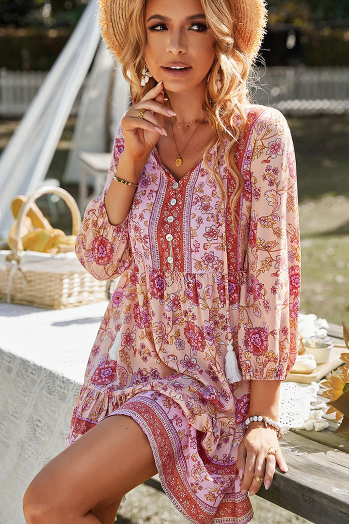Floral Tied Balloon Sleeve Mini Dress-Trendsi-Carnation Pink-S-[option4]-[option5]-[option6]-[option7]-[option8]-Shop-Boutique-Clothing-for-Women-Online