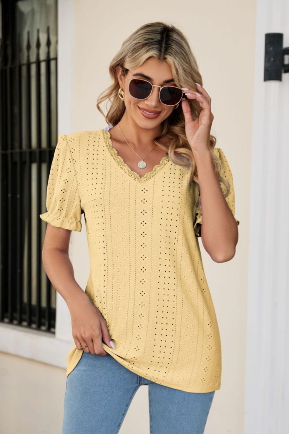 Eyelet Flounce Sleeve Scalloped V-Neck Top-Trendsi-[option4]-[option5]-[option6]-[option7]-[option8]-Shop-Boutique-Clothing-for-Women-Online