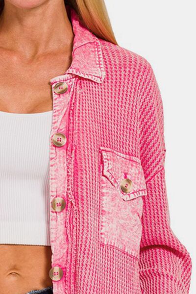 Zenana Waffle-Knit Button Up Dropped Shoulder Shacket-Trendsi-[option4]-[option5]-[option6]-[option7]-[option8]-Shop-Boutique-Clothing-for-Women-Online