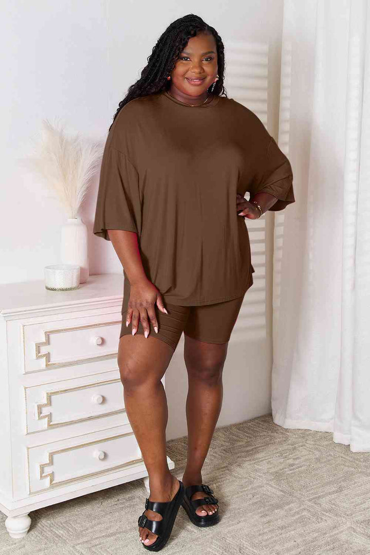 Basic Bae Soft Rayon Three-Quarter Sleeve Top and Shorts Set-Trendsi-Chocolate-S-[option4]-[option5]-[option6]-[option7]-[option8]-Shop-Boutique-Clothing-for-Women-Online