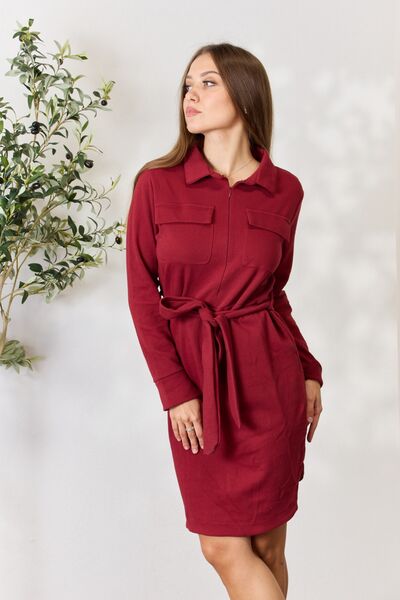 Culture Code Tie Front Half Zip Long Sleeve Shirt Dress-Trendsi-[option4]-[option5]-[option6]-[option7]-[option8]-Shop-Boutique-Clothing-for-Women-Online