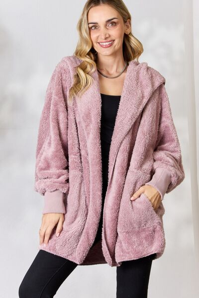 H&T Faux Fur Open Front Hooded Jacket-Trendsi-DUSTY LILAC-One Size-[option4]-[option5]-[option6]-[option7]-[option8]-Shop-Boutique-Clothing-for-Women-Online