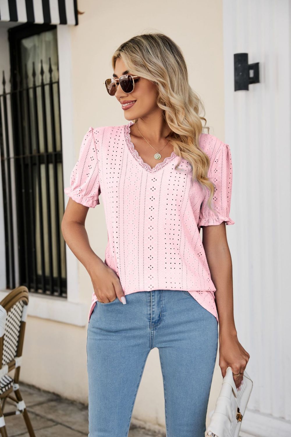 Eyelet Flounce Sleeve Scalloped V-Neck Top-Trendsi-Blush Pink-S-[option4]-[option5]-[option6]-[option7]-[option8]-Shop-Boutique-Clothing-for-Women-Online