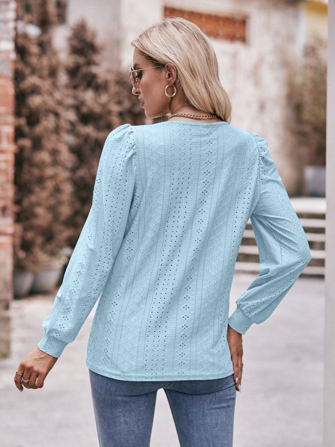 Double Take Eyelet Square Neck Puff Sleeve Blouse-Trendsi-[option4]-[option5]-[option6]-[option7]-[option8]-Shop-Boutique-Clothing-for-Women-Online