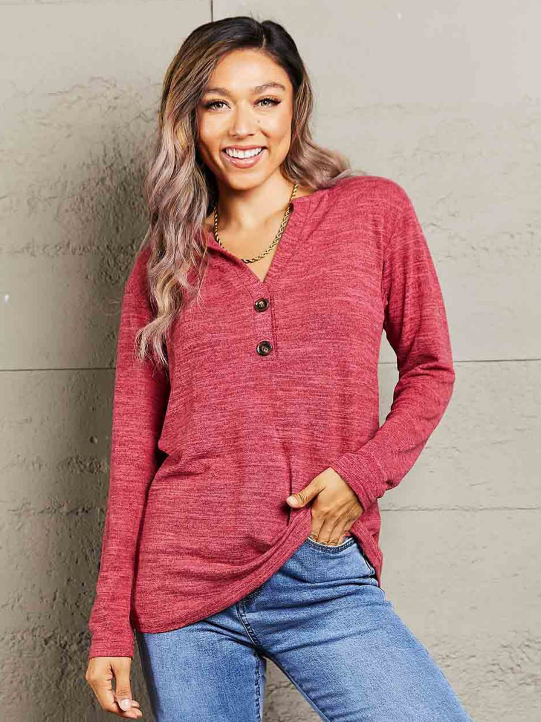 Double Take Buttoned Notched Neck Long Sleeve Top-Trendsi-Brick Red-S-[option4]-[option5]-[option6]-[option7]-[option8]-Shop-Boutique-Clothing-for-Women-Online