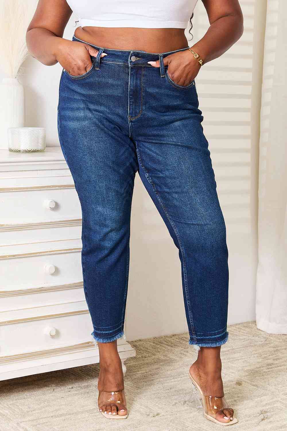 Judy Blue High Waist Released Hem Slit Jeans-Trendsi-Dark-0(24)-[option4]-[option5]-[option6]-[option7]-[option8]-Shop-Boutique-Clothing-for-Women-Online