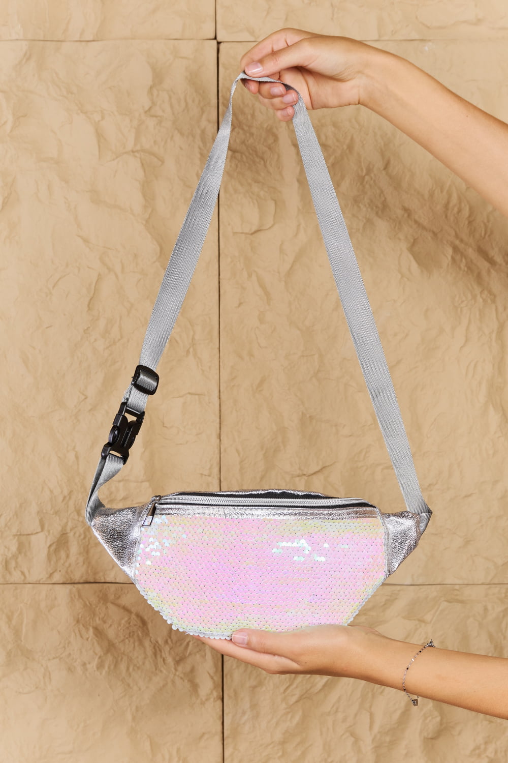 Fame, Good Vibrations Holographic Double Zipper Fanny Pack in Silver