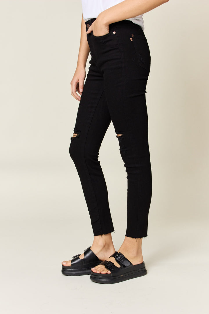 Judy Blue Black Distressed Tummy Control High Waist Skinny Jeans-Trendsi-[option4]-[option5]-[option6]-[option7]-[option8]-Shop-Boutique-Clothing-for-Women-Online