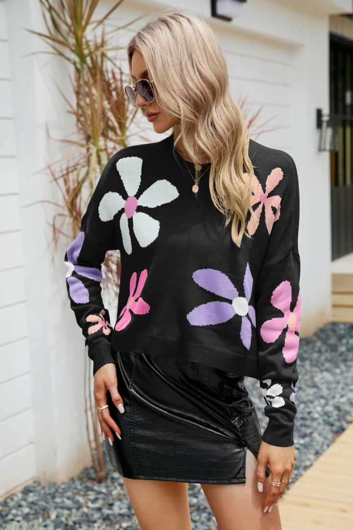 Floral Dropped Shoulder Ribbed Trim Sweater-Trendsi-Black-S-[option4]-[option5]-[option6]-[option7]-[option8]-Shop-Boutique-Clothing-for-Women-Online