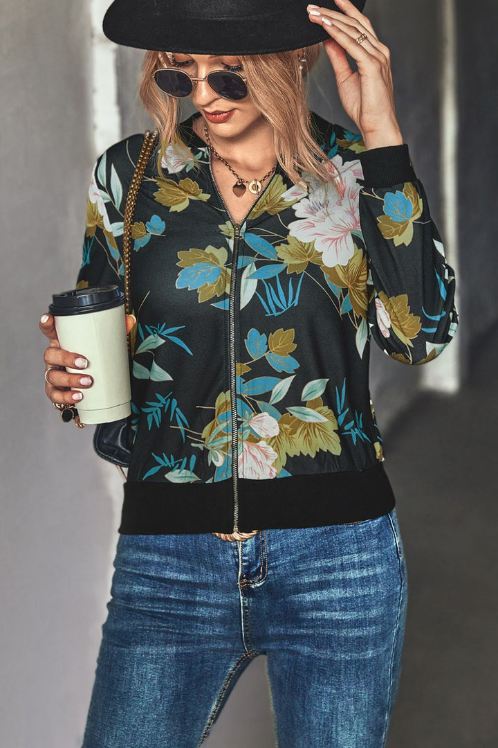 Floral Zip Up Ribbed Trim Bomber Jacket-Trendsi-[option4]-[option5]-[option6]-[option7]-[option8]-Shop-Boutique-Clothing-for-Women-Online