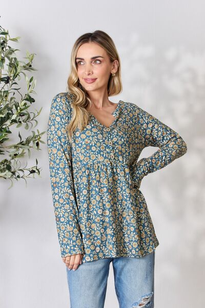 Heimish Floral Half Button Long Sleeve Blouse-Trendsi-Dusty Teal Multi-S-[option4]-[option5]-[option6]-[option7]-[option8]-Shop-Boutique-Clothing-for-Women-Online