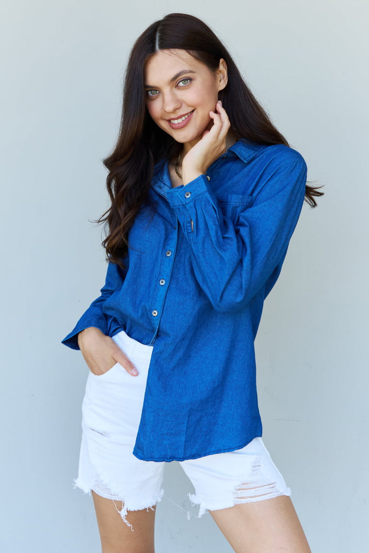 Doublju Blue Jean Baby Denim Button Down Shirt Top in Dark Blue-Trendsi-[option4]-[option5]-[option6]-[option7]-[option8]-Shop-Boutique-Clothing-for-Women-Online