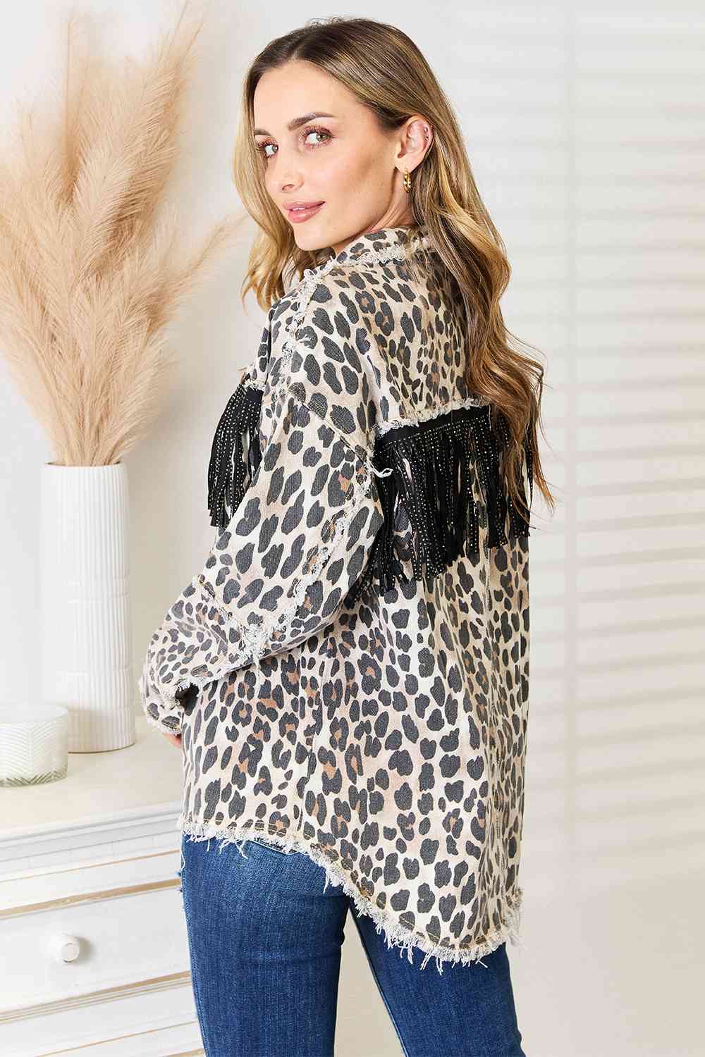 Double Take Leopard Fringe Detail Collared Neck Denim Jacket-Trendsi-[option4]-[option5]-[option6]-[option7]-[option8]-Shop-Boutique-Clothing-for-Women-Online