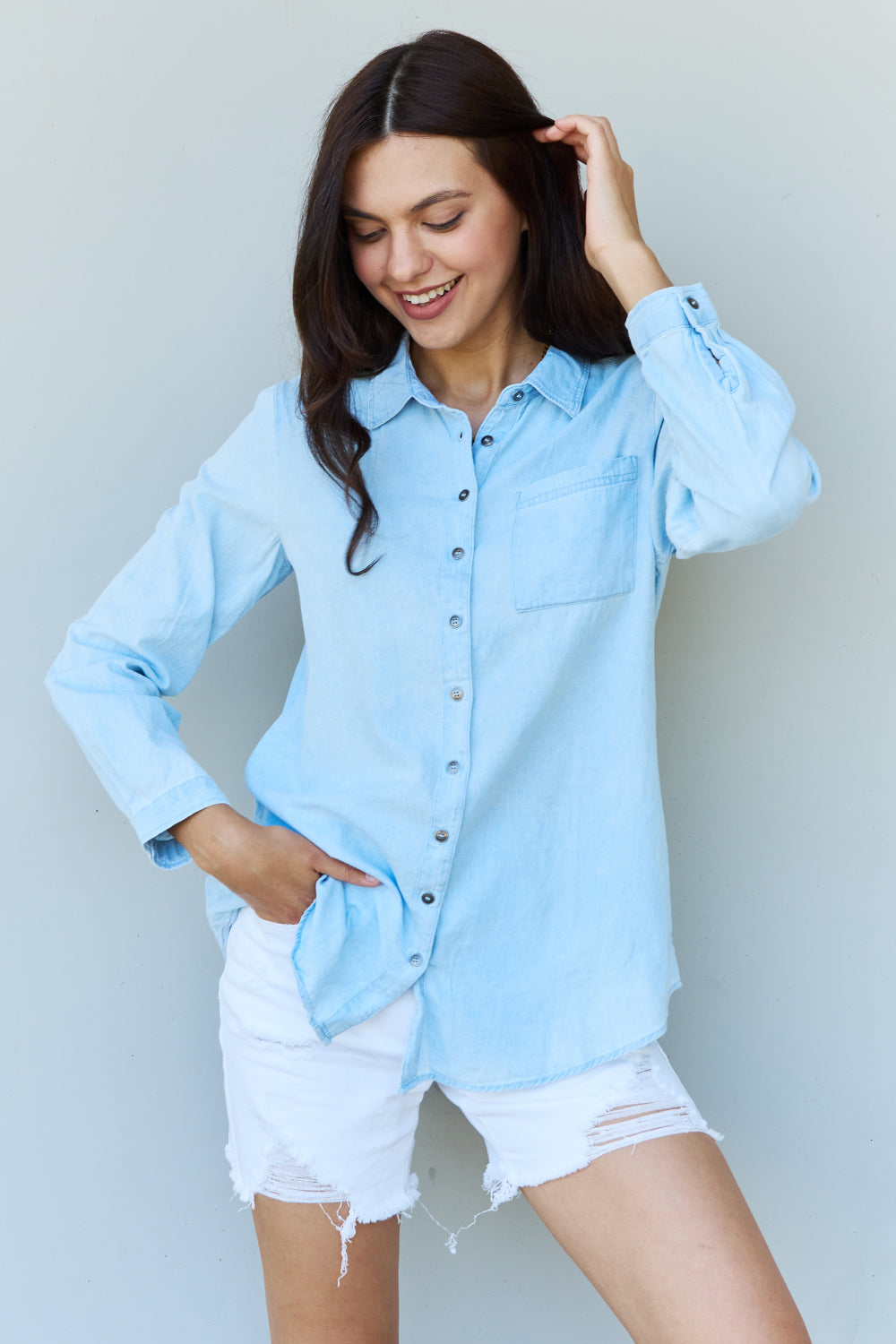 Doublju Blue Jean Baby Denim Button Down Shirt Top in Light Blue-Trendsi-Light Blue-S-[option4]-[option5]-[option6]-[option7]-[option8]-Shop-Boutique-Clothing-for-Women-Online
