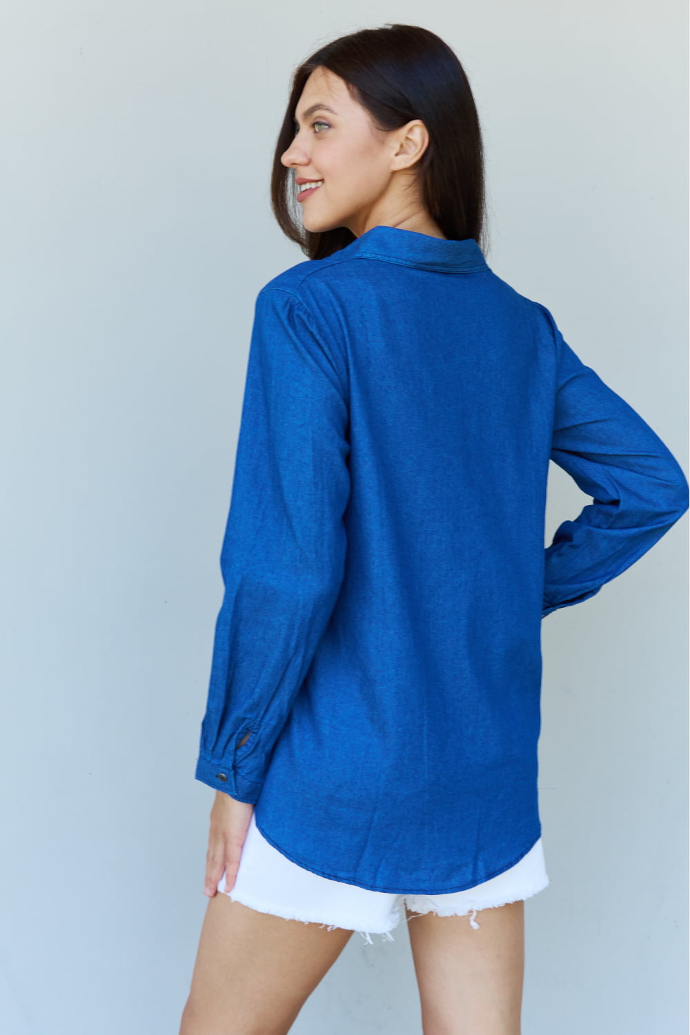 Doublju Blue Jean Baby Denim Button Down Shirt Top in Dark Blue-Trendsi-[option4]-[option5]-[option6]-[option7]-[option8]-Shop-Boutique-Clothing-for-Women-Online