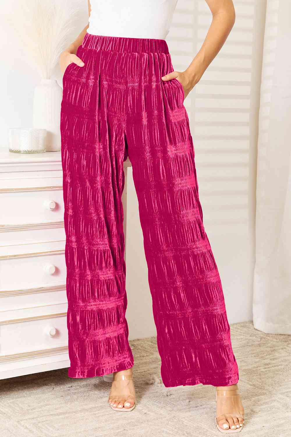 Double Take High Waist Tiered Shirring Velvet Wide Leg Pants-Trendsi-Deep Rose-S-[option4]-[option5]-[option6]-[option7]-[option8]-Shop-Boutique-Clothing-for-Women-Online