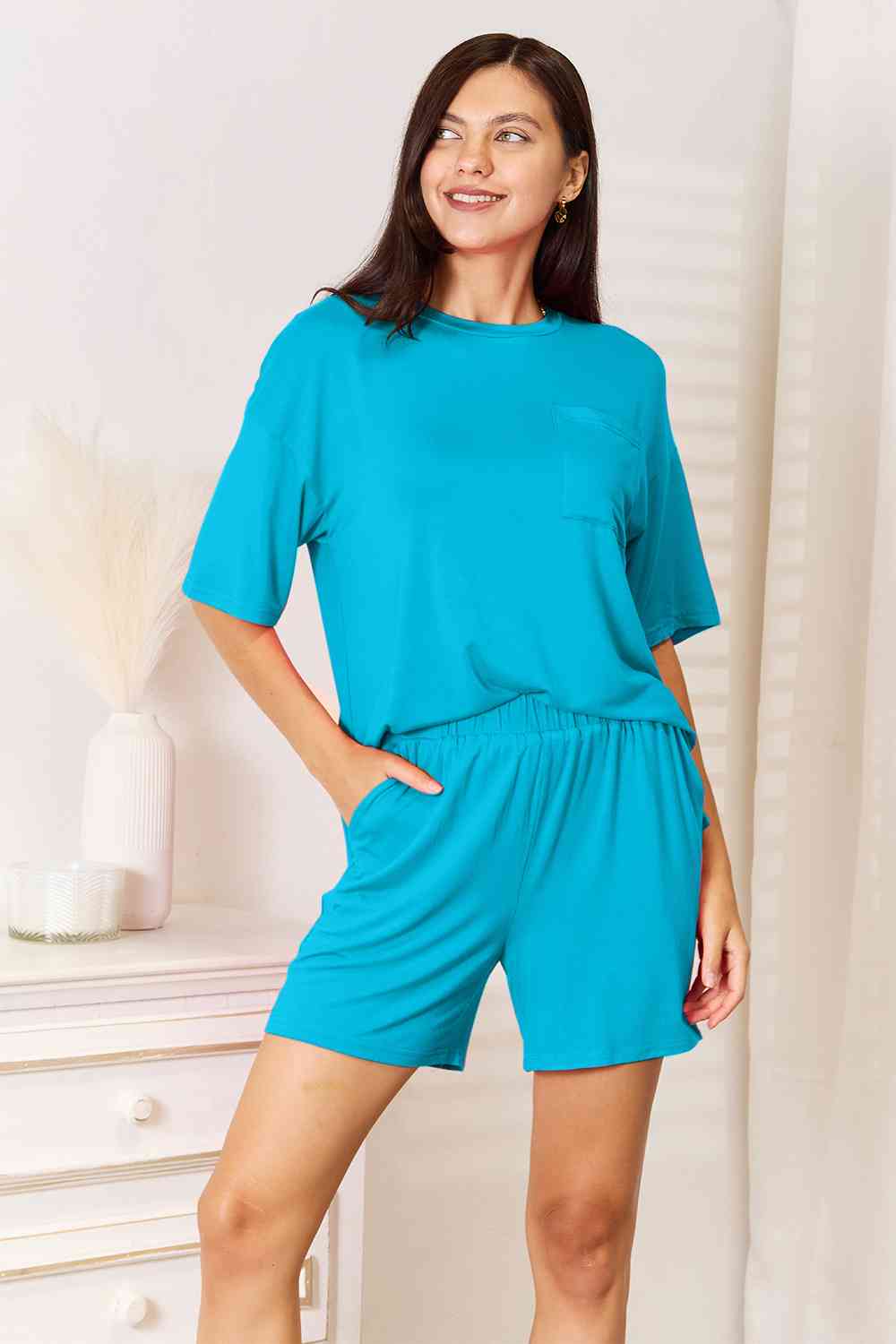 Basic Bae Soft Rayon Half Sleeve Top and Shorts Set-Trendsi-Sky Blue-S-[option4]-[option5]-[option6]-[option7]-[option8]-Shop-Boutique-Clothing-for-Women-Online
