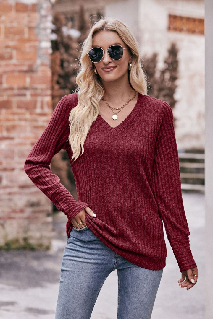 Double Take V-Neck Long Sleeve Ribbed Top-Trendsi-Wine-S-[option4]-[option5]-[option6]-[option7]-[option8]-Shop-Boutique-Clothing-for-Women-Online