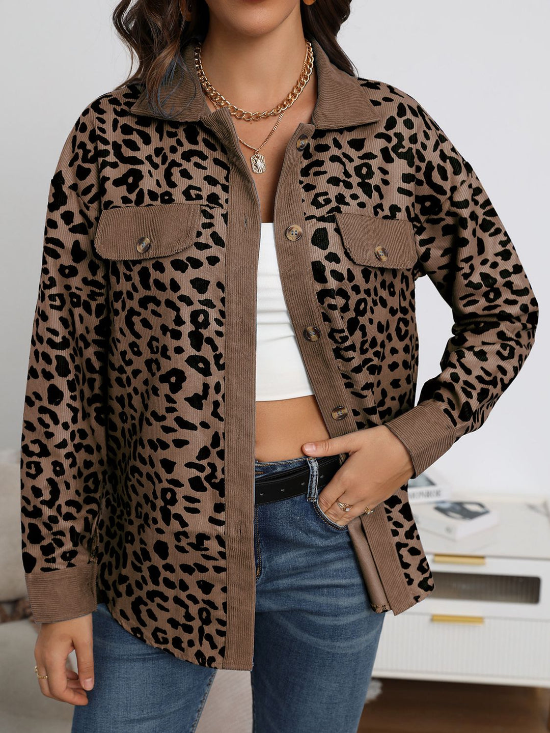 Leopard Buttoned Lightweight Shacket-Trendsi-Chestnut-S-[option4]-[option5]-[option6]-[option7]-[option8]-Shop-Boutique-Clothing-for-Women-Online