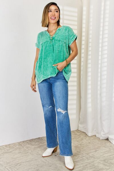 Zenana Washed Raw Hem Short Sleeve Blouse with Pockets-Trendsi-[option4]-[option5]-[option6]-[option7]-[option8]-Shop-Boutique-Clothing-for-Women-Online
