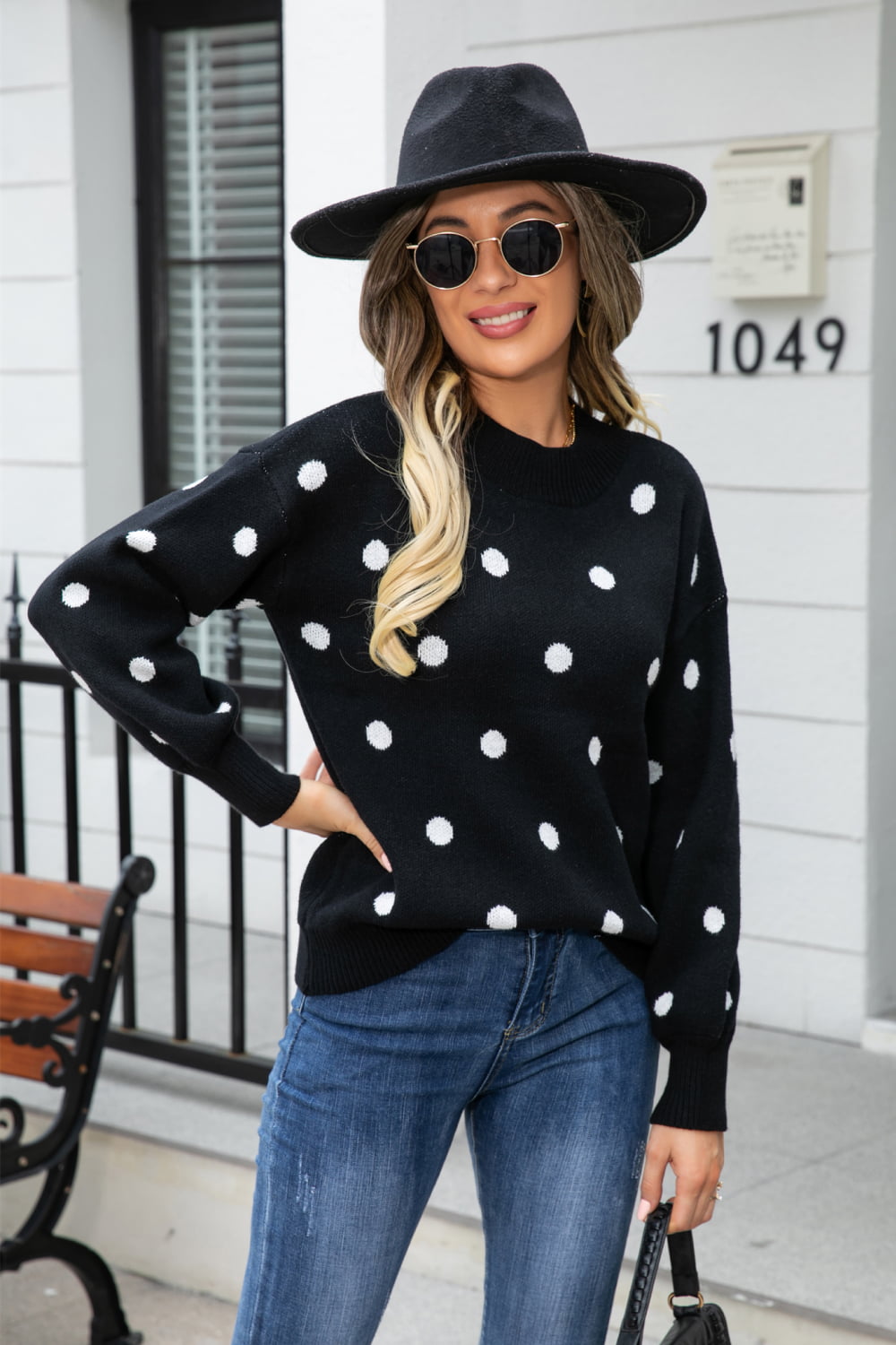 Woven Right Polka Dot Round Neck Dropped Shoulder Sweater-Trendsi-[option4]-[option5]-[option6]-[option7]-[option8]-Shop-Boutique-Clothing-for-Women-Online