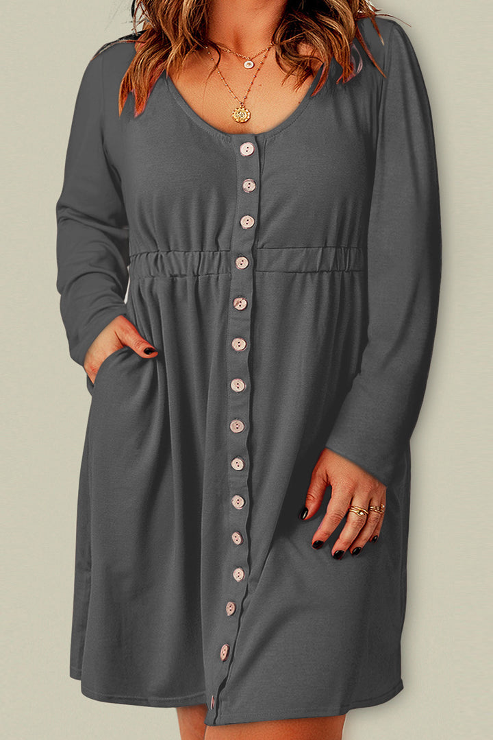 Ella Magic Plus Size Button Front Elastic Waist Long Sleeve Dress-Trendsi-Gray-1X-[option4]-[option5]-[option6]-[option7]-[option8]-Shop-Boutique-Clothing-for-Women-Online