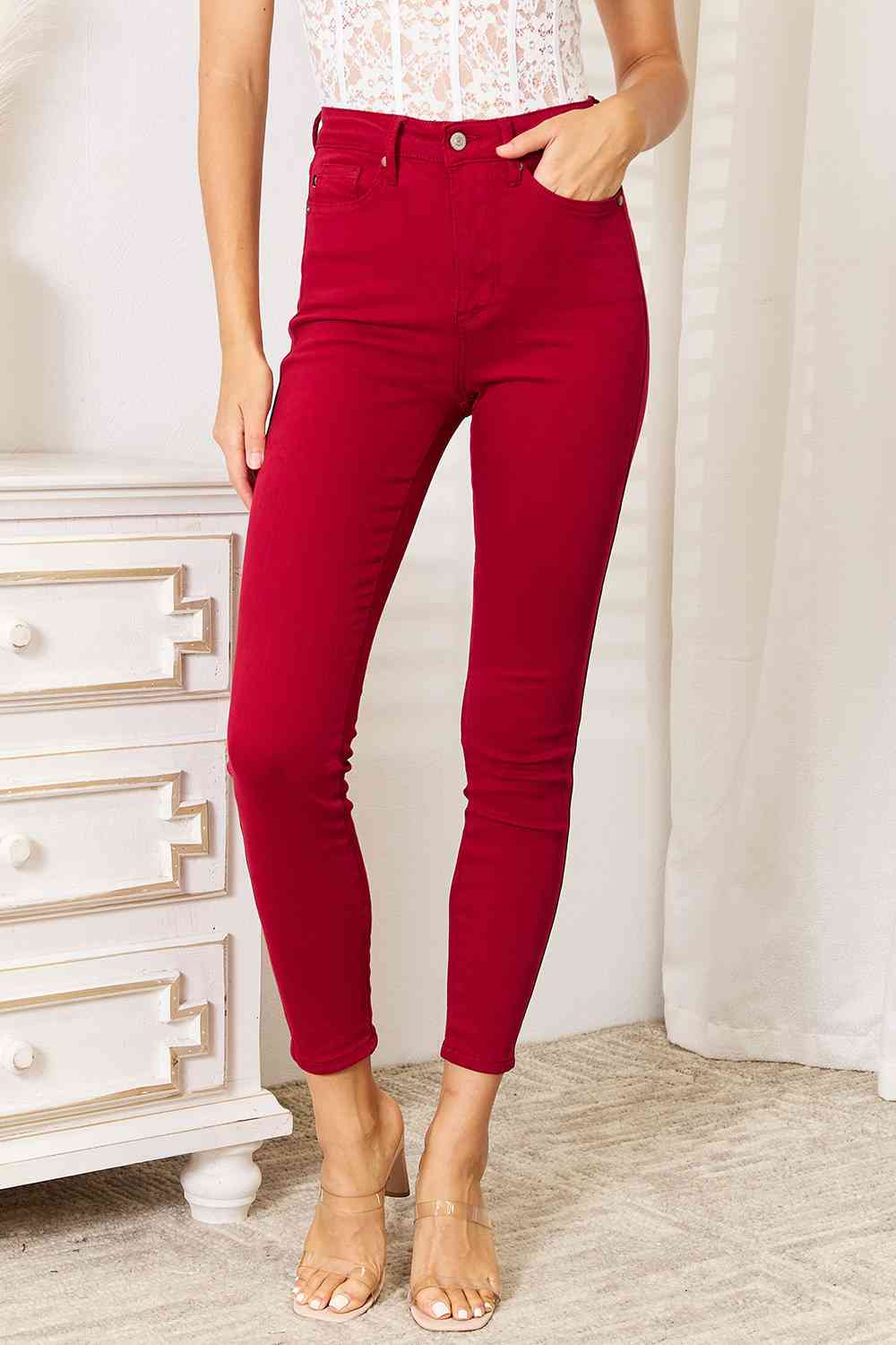 Judy Blue High Waist Tummy Control Skinny Jeans-Trendsi-Deep Red-0(24)-[option4]-[option5]-[option6]-[option7]-[option8]-Shop-Boutique-Clothing-for-Women-Online