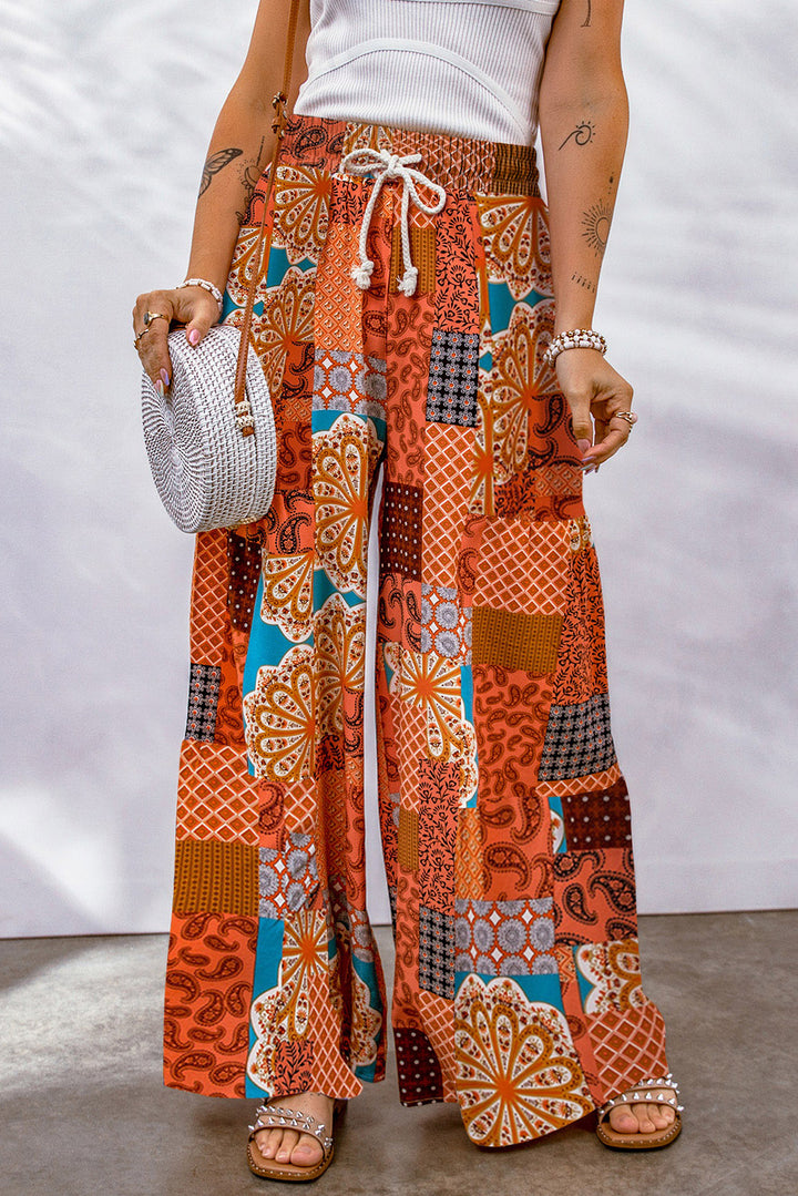 Bohemian Patchwork Drawstring Wide Leg Pants-Trendsi-Orange-S-[option4]-[option5]-[option6]-[option7]-[option8]-Shop-Boutique-Clothing-for-Women-Online